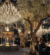 The RH Cafe dining room is filled with ornate chandeliers, water fountains and mature olive trees.