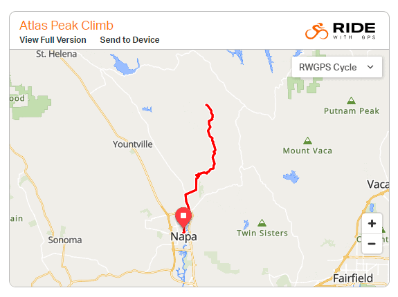Map of Atlas Peak cycling route from Downtown Napa