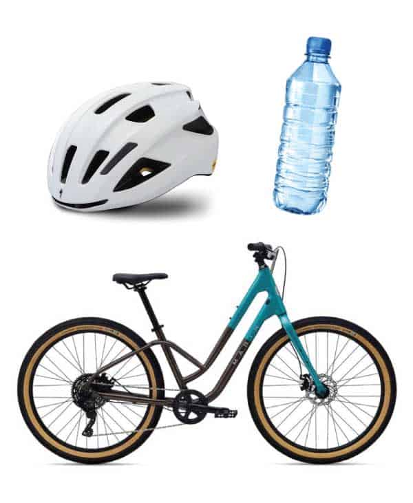 Cruiser bike, white bike helmet and bottled water