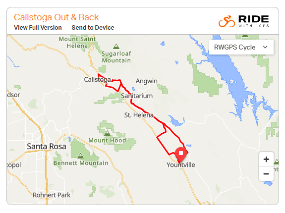 Map of Calistoga out-and-back cycling route from Yountville
