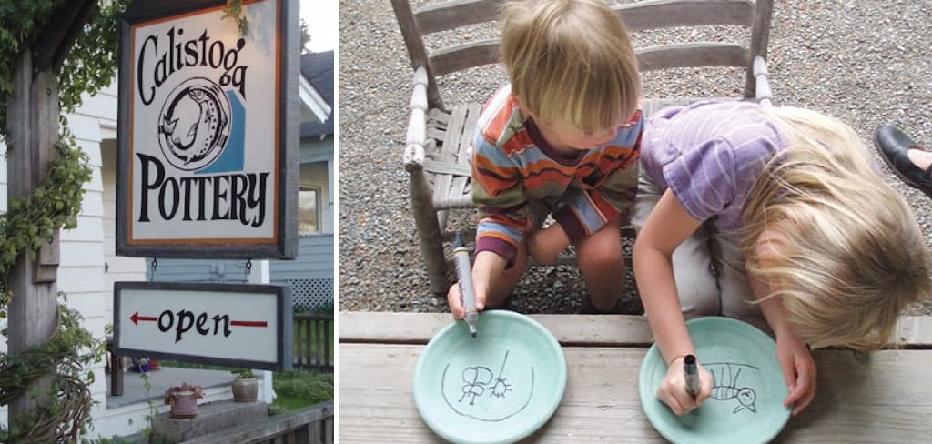 Calistoga Pottery's storefront sign | Two kids draw with markers on ceramic plates