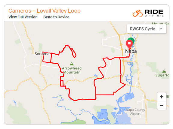 Map of Carneros & Lovall Valley cycling route from Downtown Napa