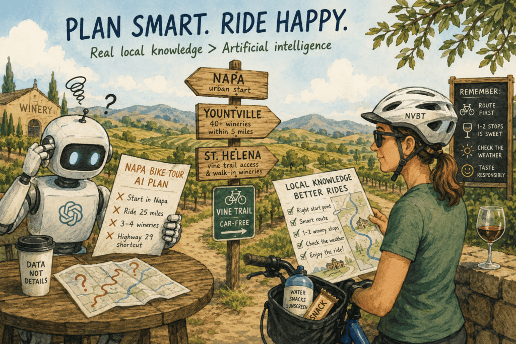 Illustration of a woman with a well planned bike route while an AI robot sits a picnic table struggling to figure out a plan