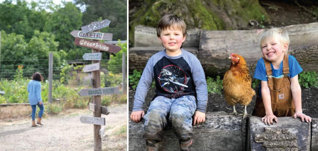 A woman walks past a garden and directional signs | Two young children smile and pose with a chicken