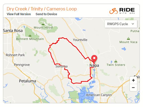 Map of Dry Creek & Trinity cycling route from Downtown Napa