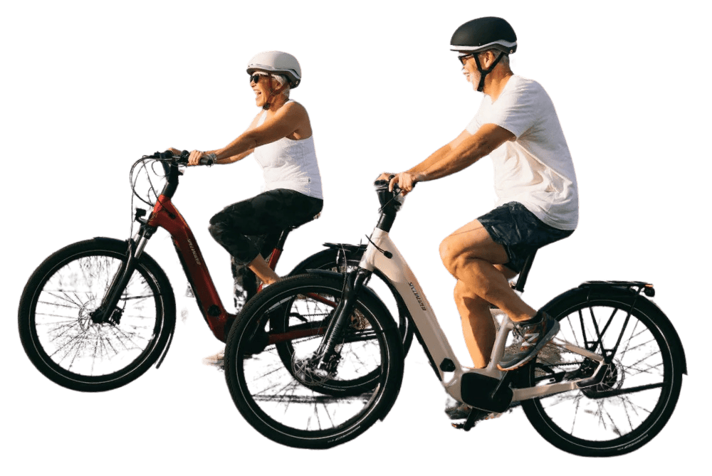 A couple rides electric bikes side by side