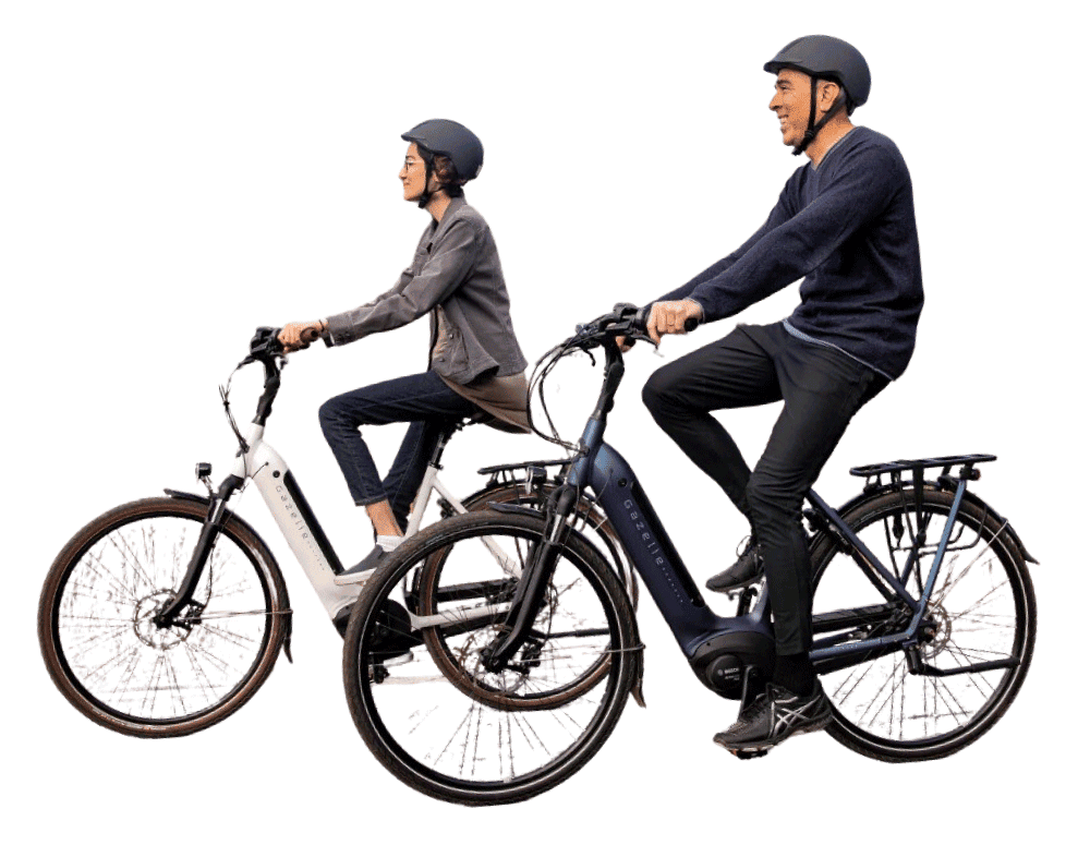 A man and a woman riding electric bikes