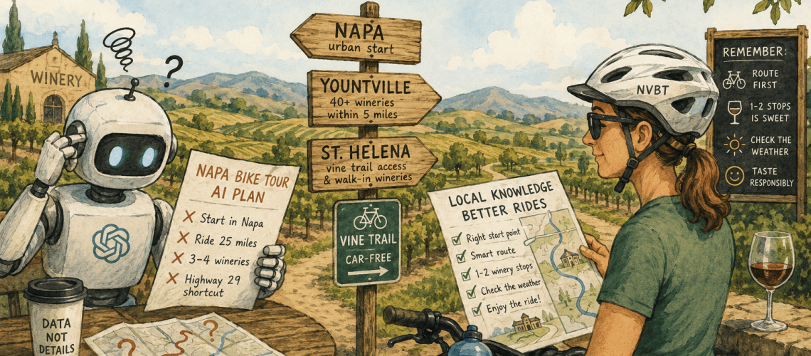 Illustration of a woman with a well planned bike route while an AI robot sits a picnic table struggling to figure out a plan