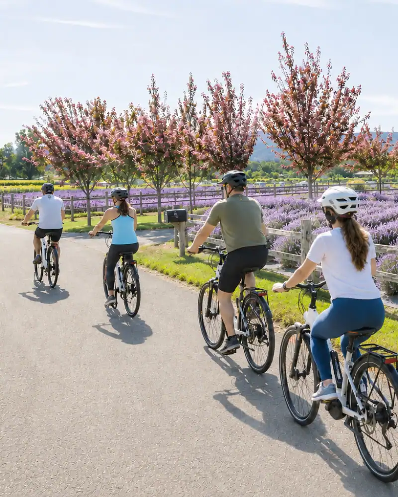 Four people ride ebikes past a lavender farm