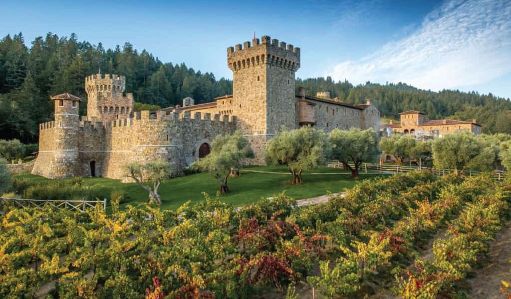 Exterior of Castello di Amorosa, a winery modeled to resemble a 14th century Tuscan castle, surrounded by vineyards