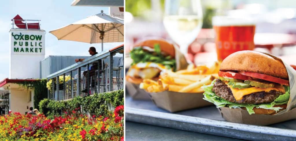 A diner sits on a patio terrace at Oxbow Market | Burgers, fries, wine & beer at Gott's Roadside