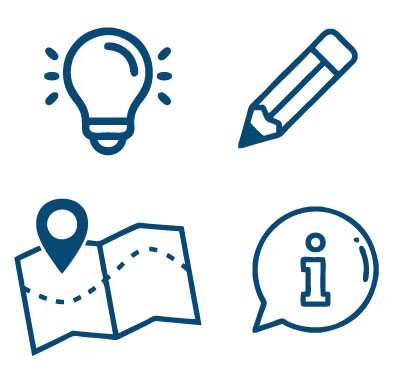 Bike rental planning tool icons (lightbulb, pencil, map, info bubble)