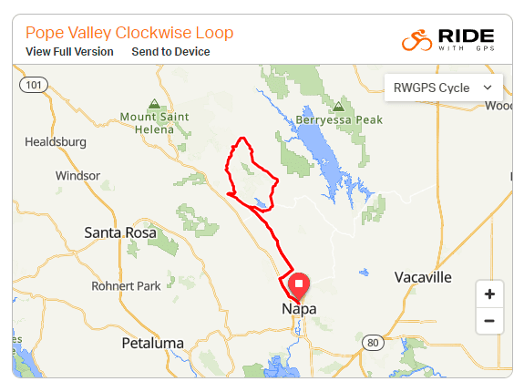 Map of clockwise Pope Valley cycling route from Downtown Napa