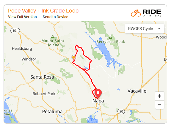 Map of Pope Valley & Ink Grade cycling route from Downtown Napa