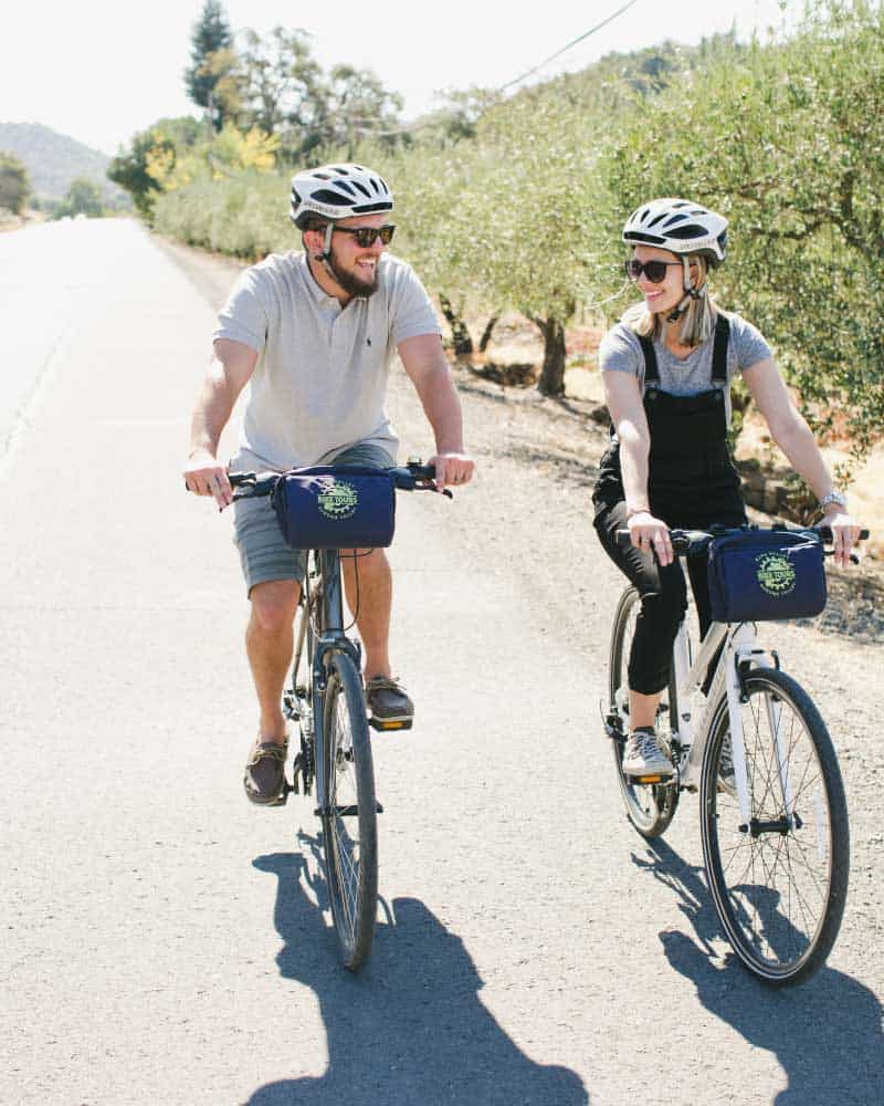 A couple rides bikes side by side along a road lined with olive trees.