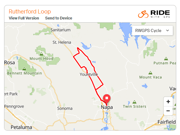 Map of Rutherford Loop cycling route from Downtown Napa