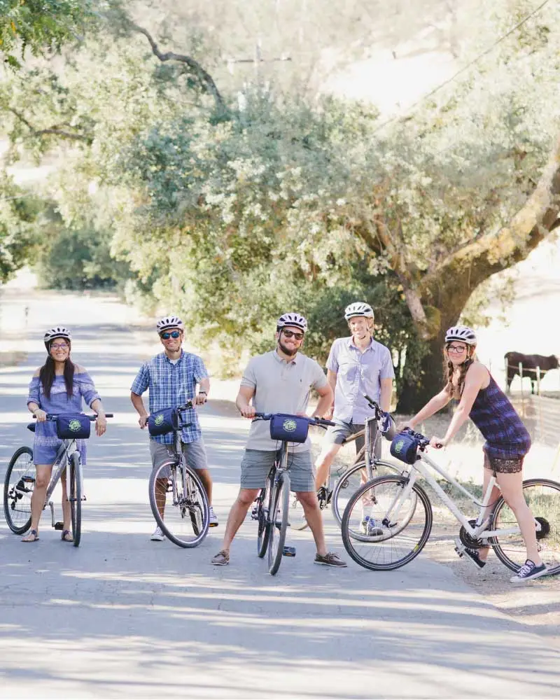 Five people stopped along a shaded road during a bike ride