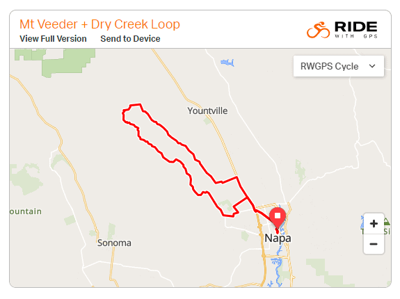 Map of Mt Veeder & Dry Creek cycling route from Downtown Napa