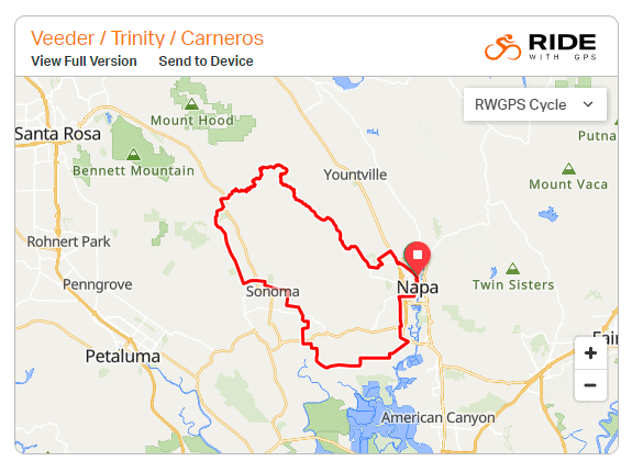 Map of Mt. Veeder & Trinity cycling loop from Downtown Napa