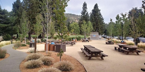 Picnic tables adjacent to a landscaped park with large trees